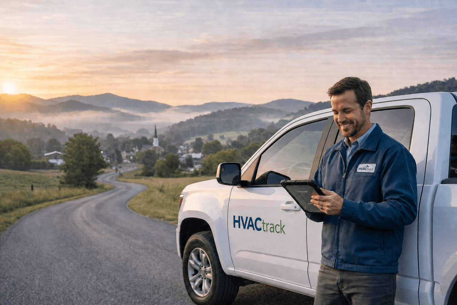 HVAC technician using HVACtrack beside a service truck