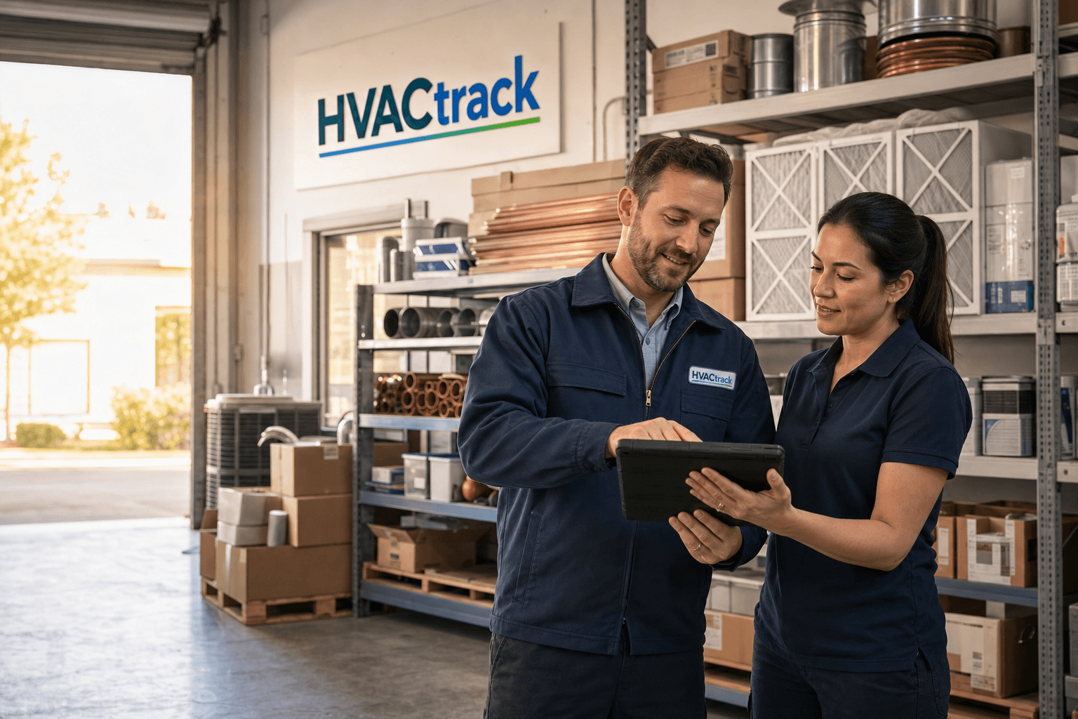 HVAC technician and warehouse coordinator reviewing work on a tablet